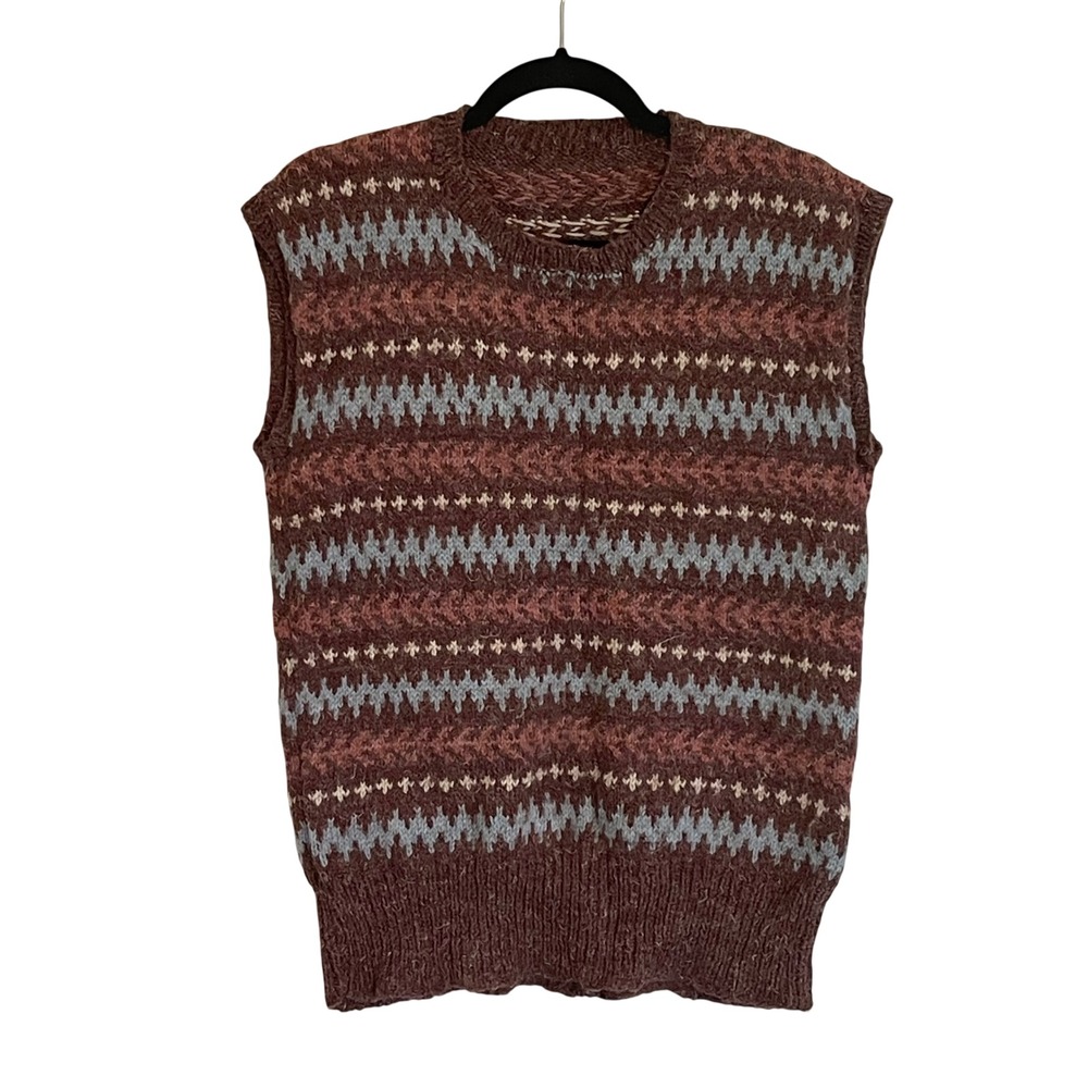Vintage Handmade Fair Isle Knit Sweater Vest Brown Mauve Blue Geometric Mens M